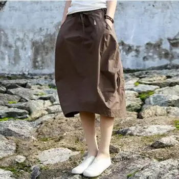 Kvinder Efteråret Bud Nederdele Naturlige Talje Bomuld Nederdel Elastisk Talje Plus Size Solid Nederdele Art Style Løs Nederdel S, M, L