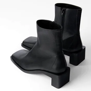 Enkelt design, brand kvinder sko nyeste ægte læder top kvalitet lynlås ankel støvler firkantet tå mode sorte støvler kvinde sko