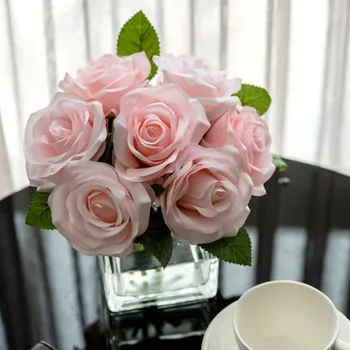 Glas Vase+Kunstig Blomst Sæt Lille Hoved Kunstig Rose Glas Gennemsigtig Vase til Skrivebord Kontor Top Kvalitet Silke Blomster Sæt