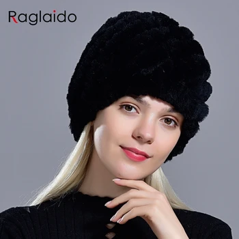 Raglaido Kanin vinteren pels hat til Kvinder, russiske Ægte Pels Strikket hue headgea Vinter Varm Beanie Hatte 2019 fashion brand LQ11279