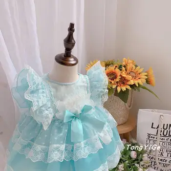 2STK Baby Pige tøj spanske Lolita Princess Dress Blonder mesh syning Søde bolden kjole fødselsdag fest kjole til piger Y3204