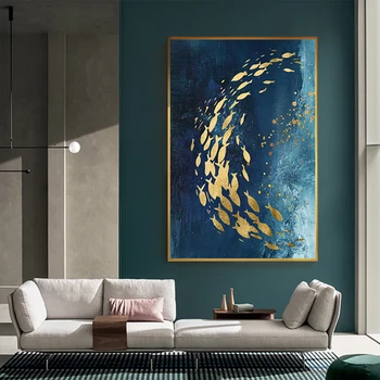 Abstract Guld Fisk Plakat Blue Ocean Bølger Lærred Maleri Print Luksuriøse Væg Kunst Til Stuen Moderne Hjem Decor Uden Ramme
