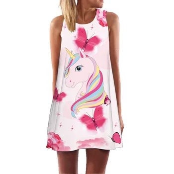 Nye Sommer Unicorn Dress 2020 Tunika uden Ærmer Boho Beach Club Party Dress 3D-Print Sexet Mini Korte Casual Løs Chiffon Kjole