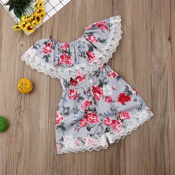 Nyeste Mode Toddler Baby Pige Tøj Blomster Print Flæsekanter Blonder Ærmer Romper Buksedragt Tøj Sunsuit