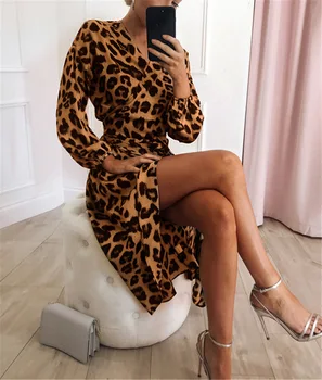Kvinder Leopard lang kjole, Vinger Fuld Lanterne Ærme V-Neck Sexy & Club hvid sort brun 2019 sommer mode lange kjoler