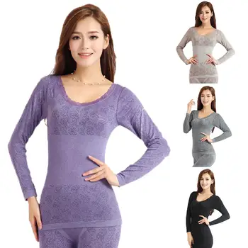 Kvinder Vinteren Termisk Undertøj Høj Elasticitet O-Hals Top Long Johns Pyjamas Sæt Solid farve perfekt til at bære under din skjorte