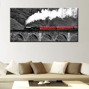 60x120cm-Røde Tog Landskab Lærred Print, Plakater og Print på Lærred Maleri til stuen Væg Kunst Maleri Cuadros Indretning