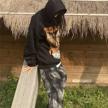 Hooded Sort Ferie kvindelige Ny Kpop Cool High Street Streetwear Sweatshirt Harajuku Toppe Trykt Afslappet kvinder Overdele