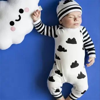 Baby Sparkedragt Langærmet Baby Drenge Tøj Nyfødte Tøj Cloud Striber Print Afslappet Baby Piger Tøj Spædbarn Passer Med Hatte