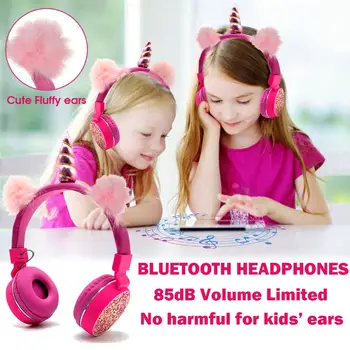 Enhjørninger Hovedtelefoner Tegnefilm Bluetooth-5.0 Kids Øretelefon Foldbar Trådløs Musik i Stereo Strækbar Headset til Drenge, Piger Gaver