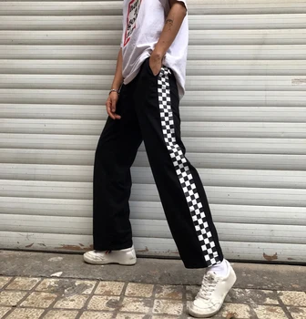Hip Hop Streetwear Patchwork Side Skakternet Plaid Print Falde Sorte Bukser Med Elastik Høj Talje Løs Harem Slank Koreanske Varme