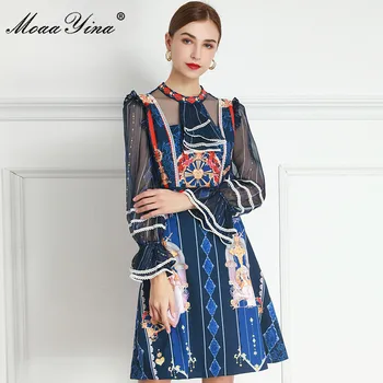MoaaYina Fashion Designer kjole Foråret Kvinders Kjole Lace langærmet Stribe Vintage Print Kjoler