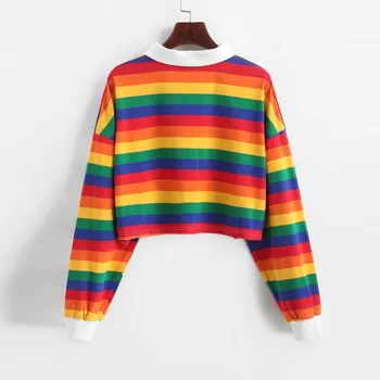 Stribet Kontrast Rainbow Halvdelen Knappen Beskær Sweatshirt Short Polo - Shirt Med Lange Ærmer Kvinder Shirts Efteråret Pullovere Bedste Kvindelige 2021