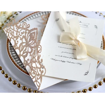 50stk Laser Cut Blå Guld Sølv Glitter Papir Bryllup Invitationer-Kort Tilpasset Printable Kuvert Med Bånd Bryllup Dekoration