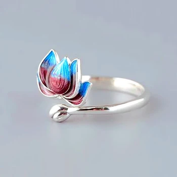 Foxanry 925 Sterling Sølv Trendy Ringe til Kvinder Kreative Enkel Flerfarvet Drop Glasur Lotus Elegant Party Smykker Gaver