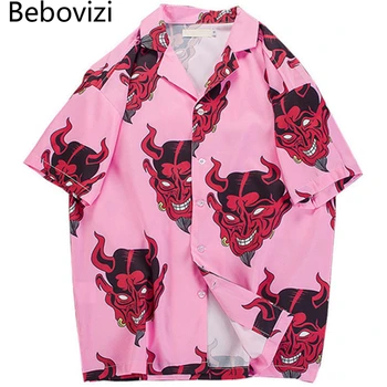 Bebovizi Japansk Stil Demon Trykte Shirts Til Mænd Beach Aloha Casual Korte Ærmer Hawaii Hip Hop Harajuku Streetwear Pink Top