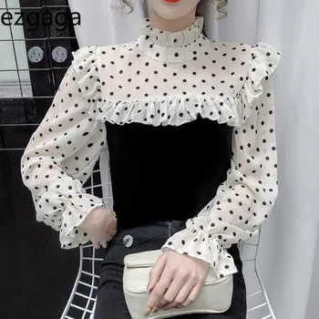 Ezgaga Velvet Patchwork-Shirts Kvinder Koreanske Dot Lang Lanterne Ærme Part Bluse Elegante Kontor Dame Toppe, Mode Blusas