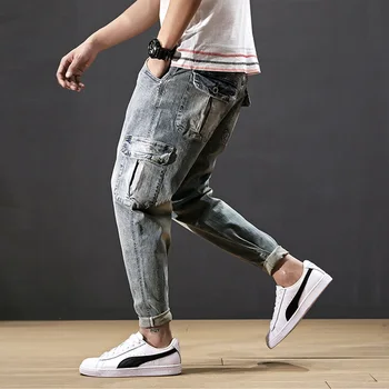 Fashion Streetwear Mænd Jeans Retro Blå Vask Multi Lommer Denim Cargo Bukser Harem Bukser Små Ben Sommeren Hip Hop Jeans Til Mænd