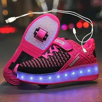 Nye Pink USB-Opladning Mode Piger Drenge LED Lys Roller Skate Sko Til Børn Sneakers Med Hjul To hjul