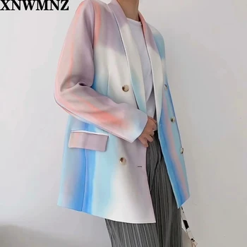 XNWMNZ za Kvinder 2020 Mode Dobbelt Breasted Tie-dye Print-Blazer Vintage Pels Lange Ærmer, Lommer Kvindelige Overtøj Smarte Toppe