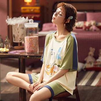 Kvinders pyjamas Sommeren Korte Ærmer Bomuld koreansk Stil, Casual Simpel Løs Lady Princess Style søde Søde Fritid Toppe