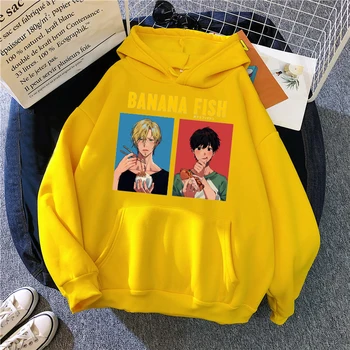 Anime Hoodie Kvinder Vinteren BANAN FISK Print Unisex Fashion Hættetrøjer Mænd Casual Pullover Harajuku Varm Sweatshirt Pels