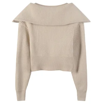 DEAT Efteråret 2020 Top Women ' s Design Forstand Lynlås Stor Revers Taljeret langærmet Sweater Nye Single Bære Solid Kontor Dame