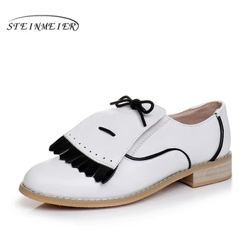 Ægte okselæder brogues designer vintage lejligheder sko rund tå håndlavet hvid sort oxford sko til kvinder 2020 foråret