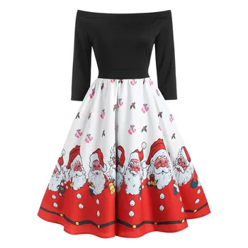 Fest kjoler, damemode Jul Print Kjole Off-Skulder, Lynlås Hepburn Party Dress Vestidos#45