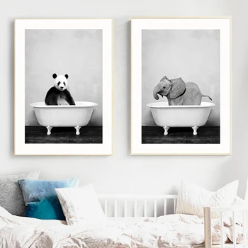 Baby Dyr i Badekarret Plakat Panda Giraf, Elefant, Løve, Gris, Ko Lærred Maleri Børnehave Væg Kunst Billedet Kid'sroom 'Urammet