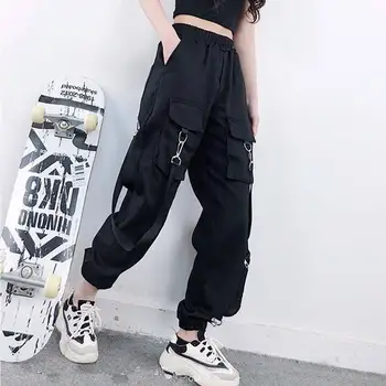 Hip Hop Stor Lomme Sort Cargo Bukser Streetwear Elastisk Overalls, Bukser, Casual kvindelige Streetwear Harem Bukser Sort for Kvinder