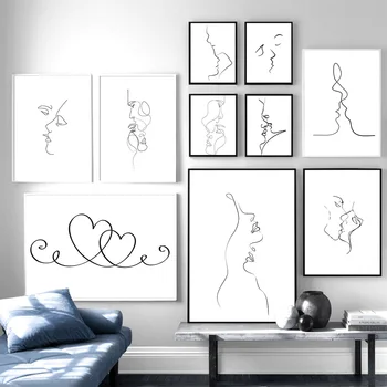 Line Draw Plakat Væg Kunst Udskrive Sort / Hvide Lærred Maleri Elsker Kys Citat Billeder til stuen Home Decor