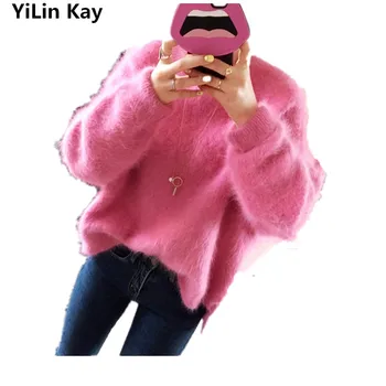 YiLin Kay 2017High kvalitet, Nye Kvinder Vinteren strikket Sweater Mode Bløde Falske Mink Mohair Pullover jumpere Løs Trække Femme