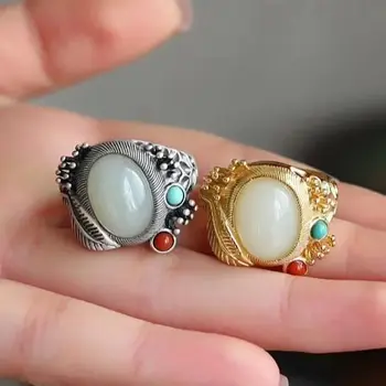 Nye Sølv Indlagt Hetian Hvid Kalcedon Ring Retro Palace Kinesisk Stil Gamle Kode Åbning Justerbar Kvinder Smykker