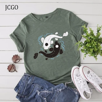 JCGO Mode Sommer T-Shirt Kvinder, Bomuld, Fisk Print Plus Størrelse S-5XL t-shirts O-Hals, Korte Ærmer Casual Vintage Tee Toppe