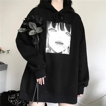 Sort Harajuku Hoodie Piger Toppe Cool Oversize Sweatshirt Hunner Japan Ulzzang Toppe Kvinder Mode Punk Hoodie Streetwear