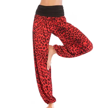 2019 Ny dame Kontrast Farve Blok Leopard Print i Høj Talje Ankel Bundet Yoga Sport Pants Bukser Fritid og komfort tøj