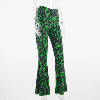 Grøn ild, over print flare pants høj talje bell bottom sommeren sexede kvinder streetwear tøj kvindelige punk bukser