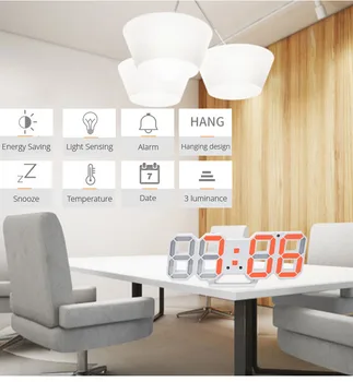 3D LED-vægur Moderne Design, Digitalt Tabel Alarm Nightlight Saat reloj de skrabede Se For Hjem, Stue Dekoration