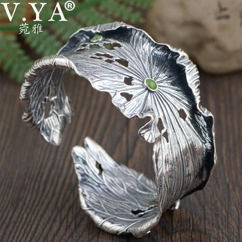 V. YA 925 Sterling Sølv Armbånd til Kvinder Bred Thai Sølv Vintage Håndværk Lotus Blad Åben Sølv Armringe Sølv Kvinder Smykker