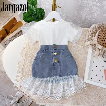 Jargazol Mode Kids Tøj Puff Ærmer Shirt&blonder Denim Nederdel koreanske Sommeren Små Piger, Tøj Sæt Søde Børn Outfits