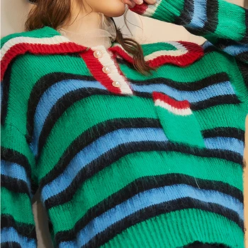 Fall Winter Kvinder Sweater Mode Mohair Stribe Strik Pullover, Turn-Down Krave, Varm Langærmet Kvindelige Preppy Style C-326