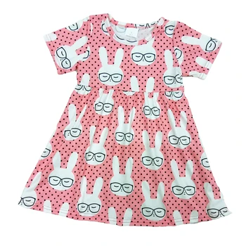 Gratis forsendelse børn børn baby pige Påske style boutique søde kaniner fuld trykt korte ærmer kjole tøj tøj