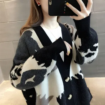 Kvinder Cardigan Knit Sweater Vintage Stilfulde Geometrisk Mønster Slank Afgrøde Top Fashion V-Hals England-Stil Langærmet Overtøj