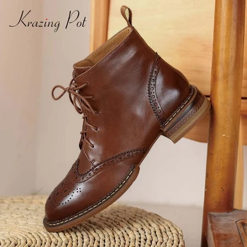 Krazing Pot preppy stil ægte læder retro superstar tyk med hæl, rund tå lace up fritid dating moderne ankel støvler L83