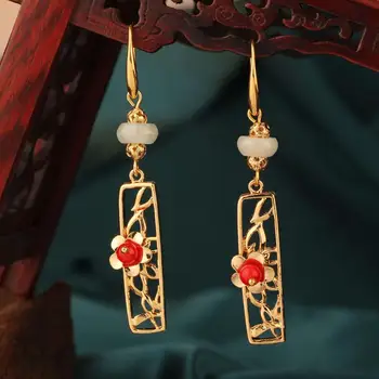Etniske fine lange røde Aventurin lille blomst dråbe øreringe enkle stil vintage øreringe til kvinder gave Smykker