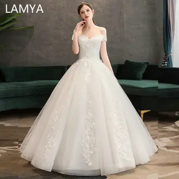 LAMYA 2021 Nye Applikationsbroderi Båd Hals brudekjoler, Vintage Skræddersyede brudekjoler Prinsesse Elegante vestido de de noiva