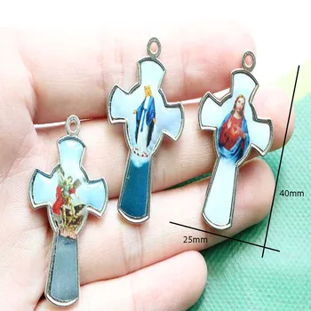 50 stykker / blue Mary ikon på tværs af Kristus Jesus kryds ikon vedhæng, kors, Kristi kors halskæde DIY tilbehør.