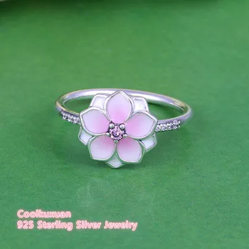 Foråret Bleg Cerise Emalje & Rosa CZ Magnolia Blomstrer Ring 925 Sterling Sølv Blomst Engagement Smykker Ringe Til Kvinder, Piger