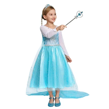Elsa Kjole Snow Queen Prinsesse Kjoler Kids Langærmet Tyl Snefnug Kostume Fødselsdag Gave Frozens
